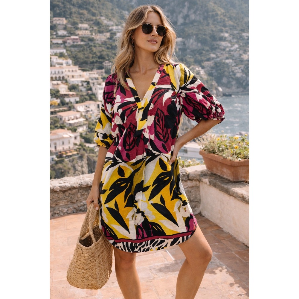 Cynthia Rowley Tropical Floral Linen Blend Puff Sleeve Resort Boho Dress SZ M